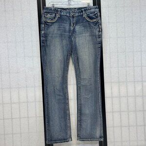 Maurices Low Rise Distressed Embroidered Flap Faded Flared Denim Jeans 11/12 L